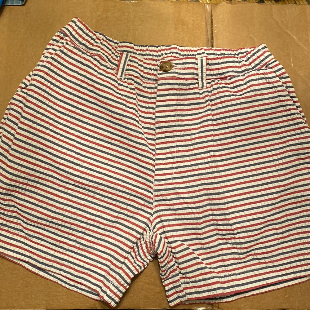 Chubbies. 5.5 inch inseam. Size MEDIUM. Red, White, and Blue seer sucker
